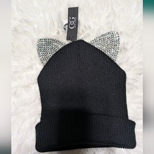 Black Knit Hat with Silver Cat Ears